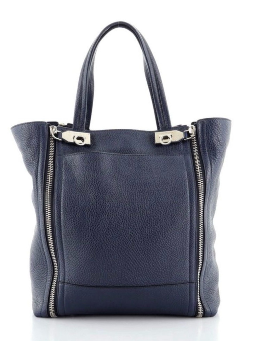 SALVATORE FERRAGAMO Suzanne Tote Zippered Navy Pebble Leather Large Shoulder Bag